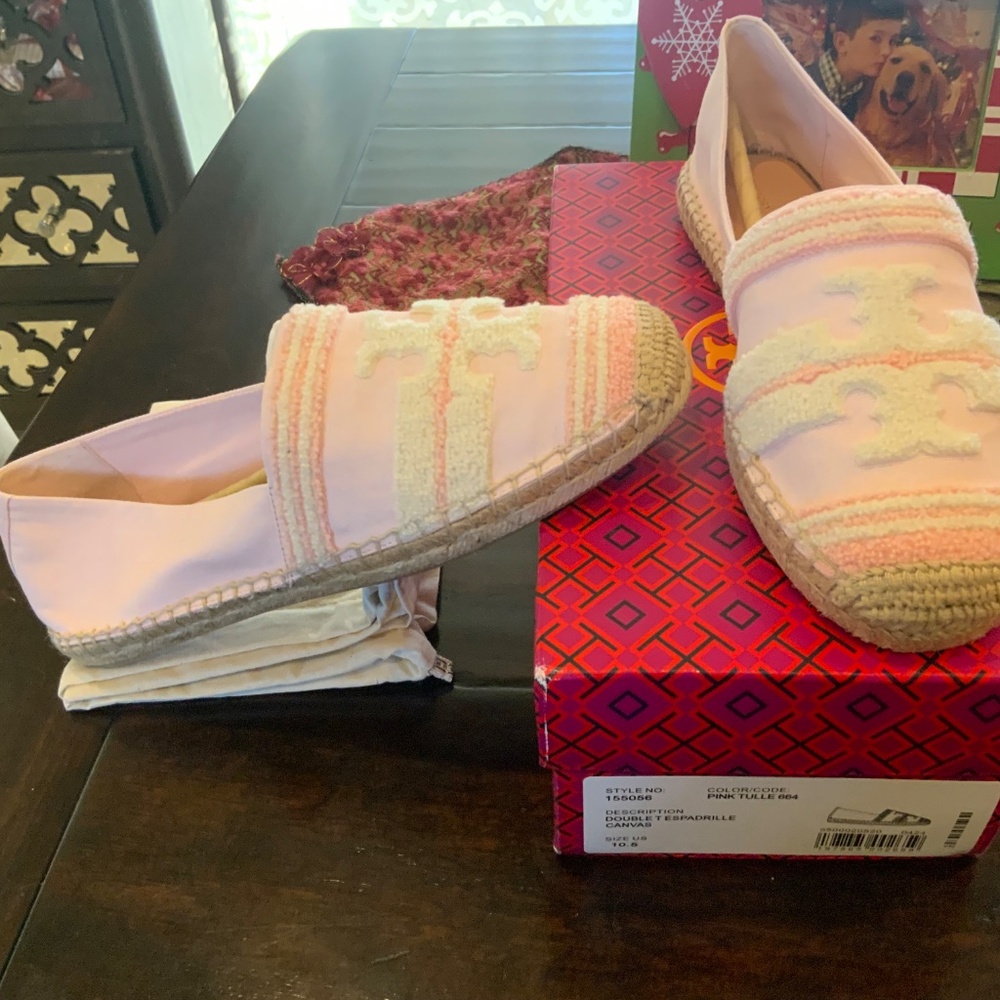 Tory Burch double t canvas espadrille in pink tulle, BNIB,MSRP$198, HTF - Picture 11 of 11